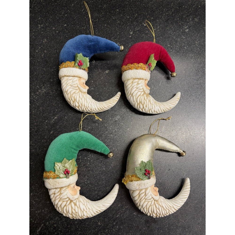 Vintage‎ Set of 4 Porcelain Santa Face Christmas Ornaments Flocked Hats 5"